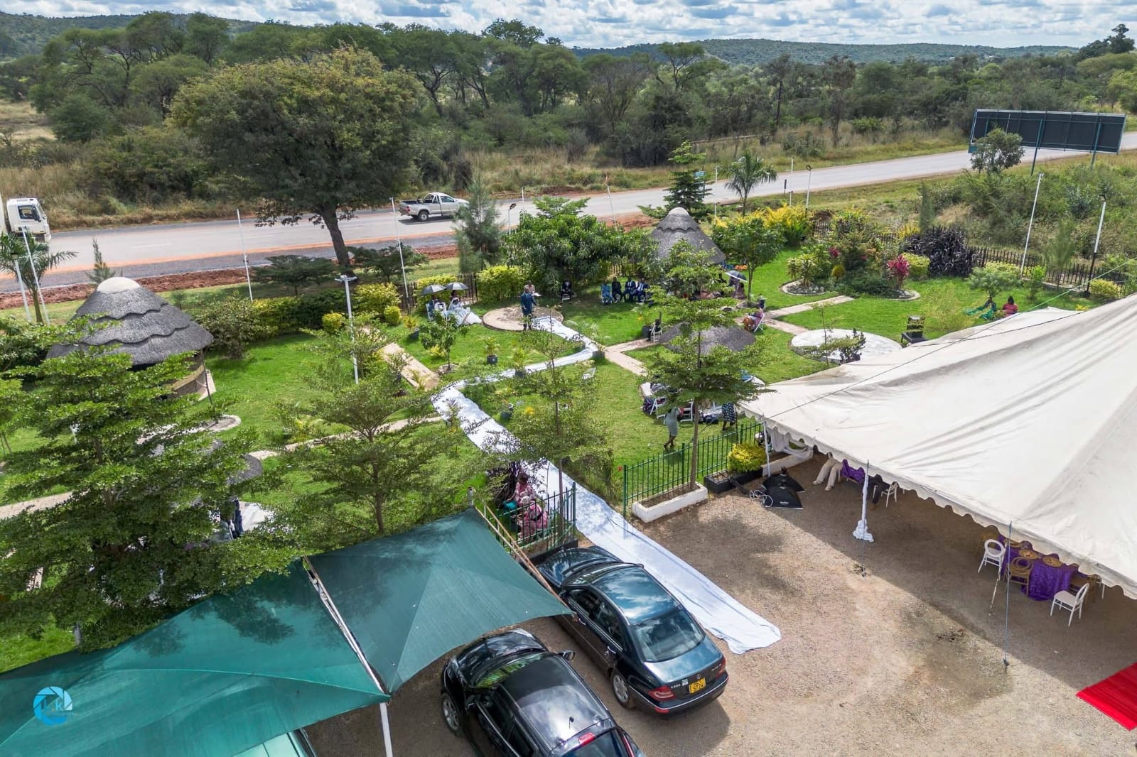 Aerial view of Highbury Lounge gardens and event venue